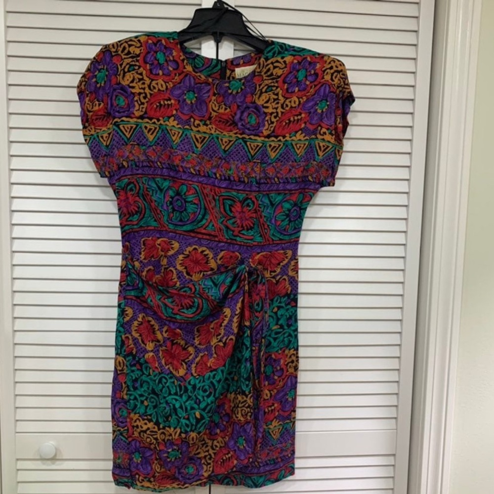 Rare Vintage 80s Floral Abstract Dress Bold Colorful Print Made In USA Retro Fit